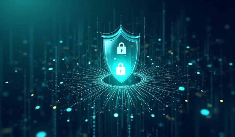 Image showing data privacy and security concepts with a lock icon and digital shield.